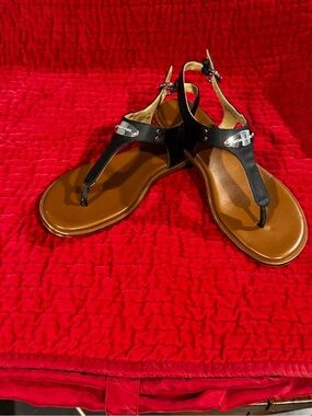 Michael Kors Black and Brown Leather T-Strap Sandals with Silver Logo